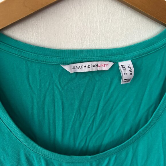 IsaacMizrahiLive Top Womens Large Blue Teal Scoop Neck Short Sleeve FLAW - Picture 2 of 5